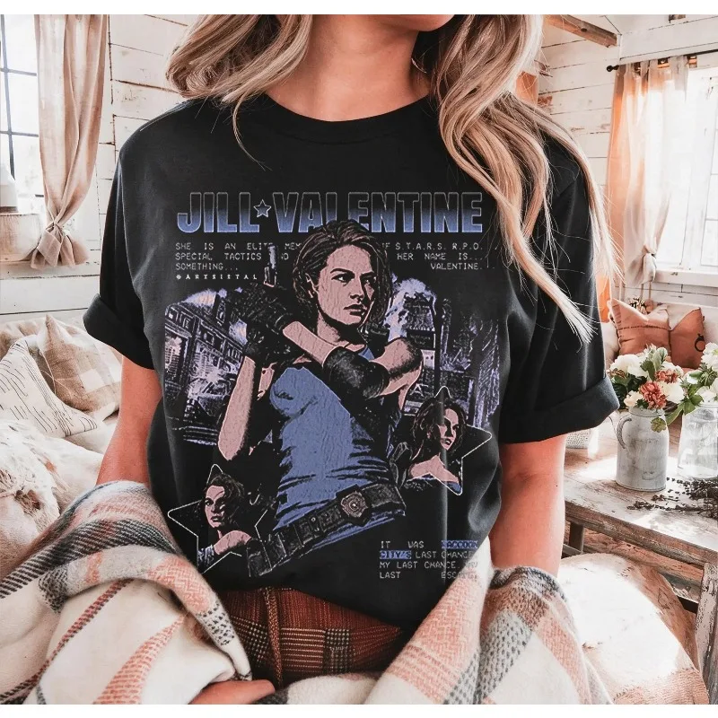 Jill Valentine T-shirt, Jill Valentine Retro Pattern T-shirt, Resident Evil Game, Suitable for Both Men and Women in All Seasons