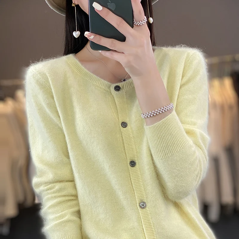 Women\'s O-Neck 100% Mink Cashmere Cardigan Autumn New Knitted Coat Short Tops Casual Large Size Female Jacket Warm Base Shirts