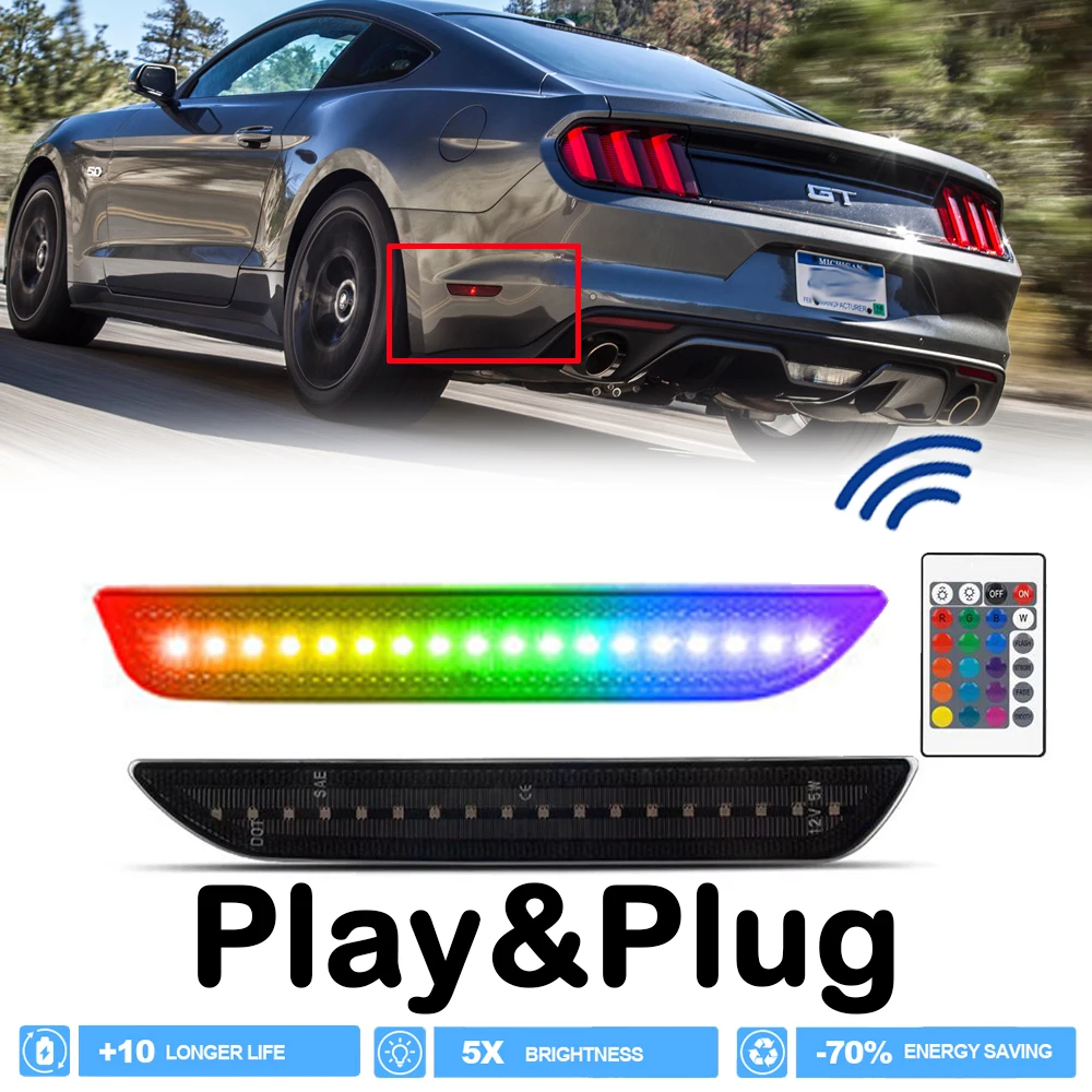 

Smoke Lens LED RGB Rear Bumper Side Marker Warning Light For Ford Mustang 2015-2023 Reverse Reflector Wirelesss Colorfull Lamps