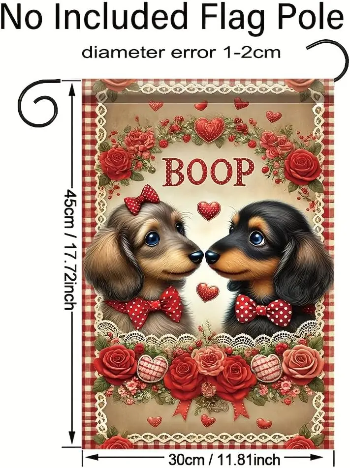 Dachshund Couple Garden Flag 12x18 Inch Double Sided Outdoor Yard Banner Cute Dog Valentine Roses Hearts Romantic Love Decor EEZ