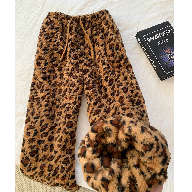 Women's American Leopard Print Sleepwear Pants Double-Sided Fluffy with Pocket And Drawstring Outdoor Wear High Waist Elastic...