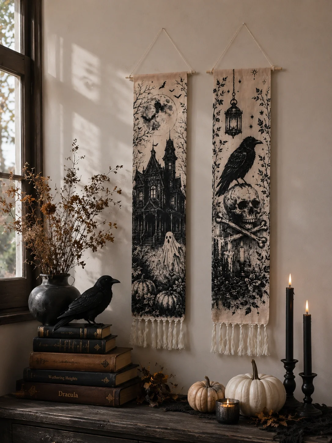 Halloween-Wandteppich mit Quasten, Gotische Hexe, Schwarze Katze, Krähe, Geisterhaus, Totenkopf-Druck, Vintage Grusel-Wandbehang Deko – Detail 8
