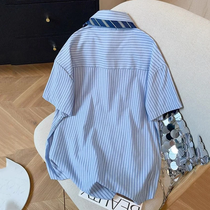 2025 Preppy Style Blue Striped Shirts Women Summer Short Sleeve Loose Blouse Woman Streetwear Letter Embroidery Shirts Female - Image 5