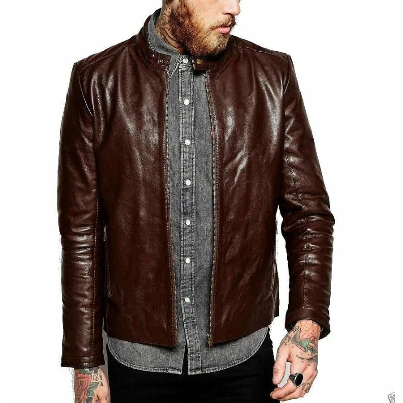 

Cool Looking Men's Real Snap Collar Soft Urban Authentic Lambskin Leather Jacket