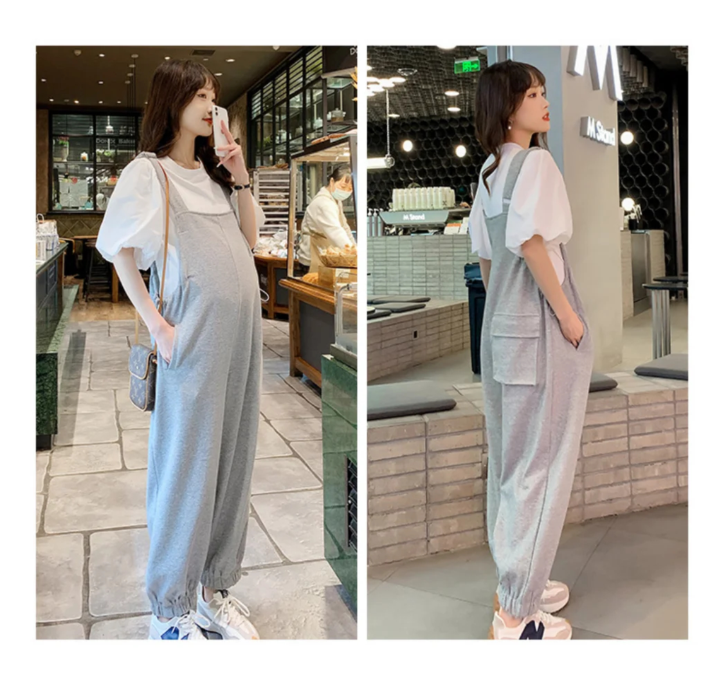 Pregnant Women Suspenders Cotton Pants Big Pockets Spring Fall Cotton Jumpsuits Maternity Women Jumpsuits photoshoot pregnancy