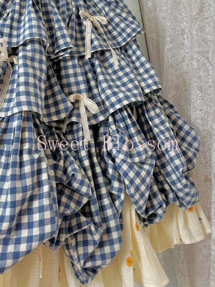 Korean Sweet Fit Chic Plaid Patchwork Skirt Women New Fashion Vintage Bow Print Fluffy Skirts Harajuku Y2k Lovely Clothes Spring