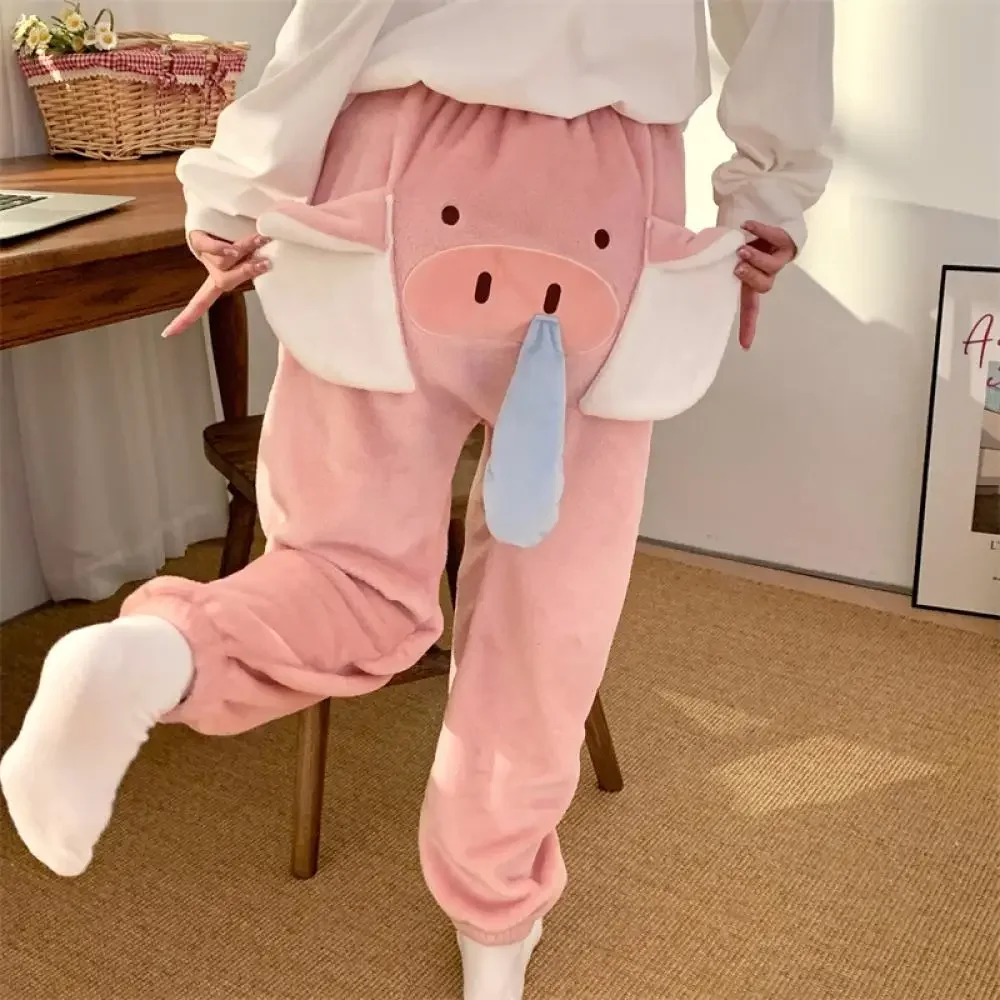 Pantalones de pijama de felpa Kawaii Hangyodon Sanrioed para mujer, ropa de hogar de lana Coral cálida de Anime para invierno, pantalones gruesos, bonitos y suaves