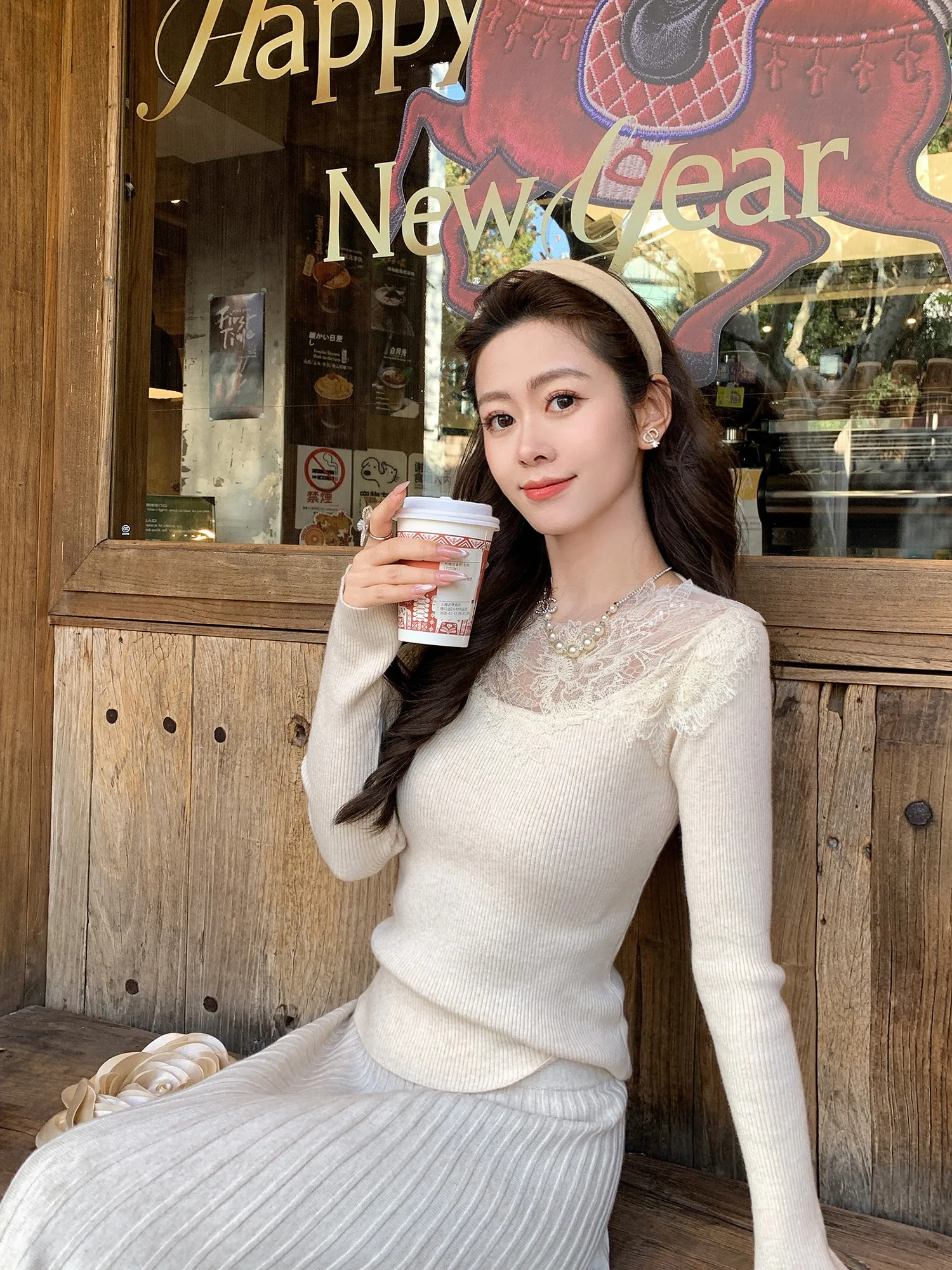 

Gogogo Home Lace Splice Knitted Sweater Women's Slim Fit Base irt Spring New Sle Faionable Versatile French Sle Loose...