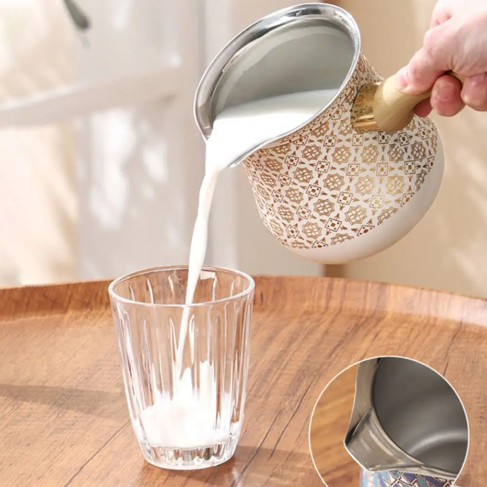 550ml Turkish Coffee Pot Stainless Steel Long Wooden Handle Milk Pot V Shape Diverter Port Arabic Style Butter Melting Pot