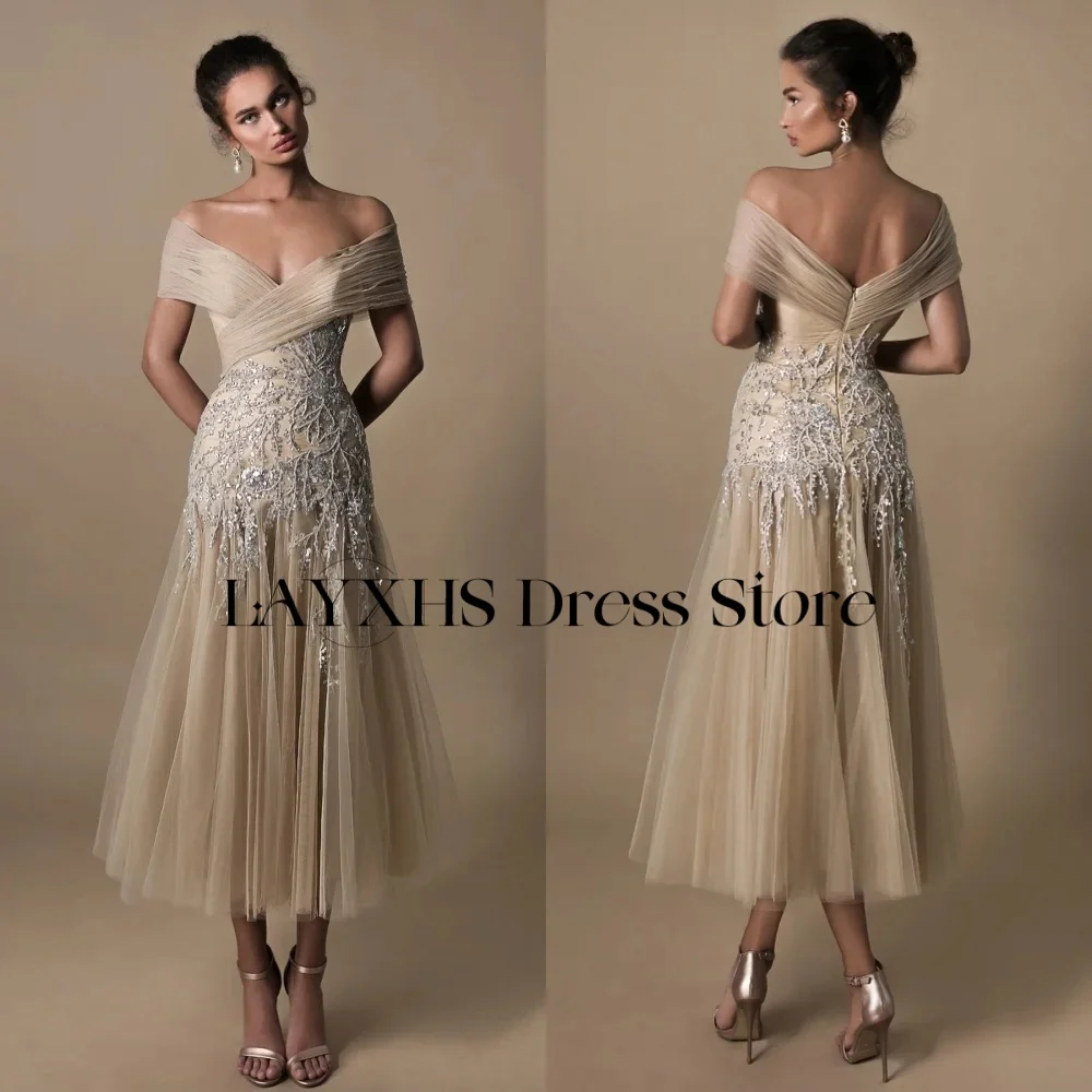 Layxhs requintado fora do ombro vestidos de noite a linha lantejoulas apliques tule chá-comprimento vestidos de baile personalizado