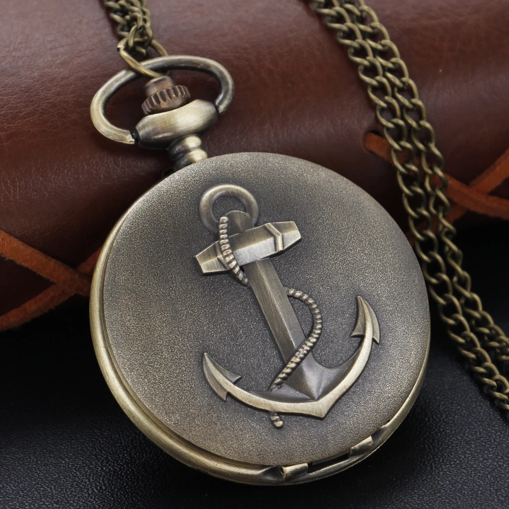 Bronze Classic Anime Sailing Boat Anchor Pattern Chain Pocket Watch Vintage Steampunk Necklace Pendant Clock Men Women Gift