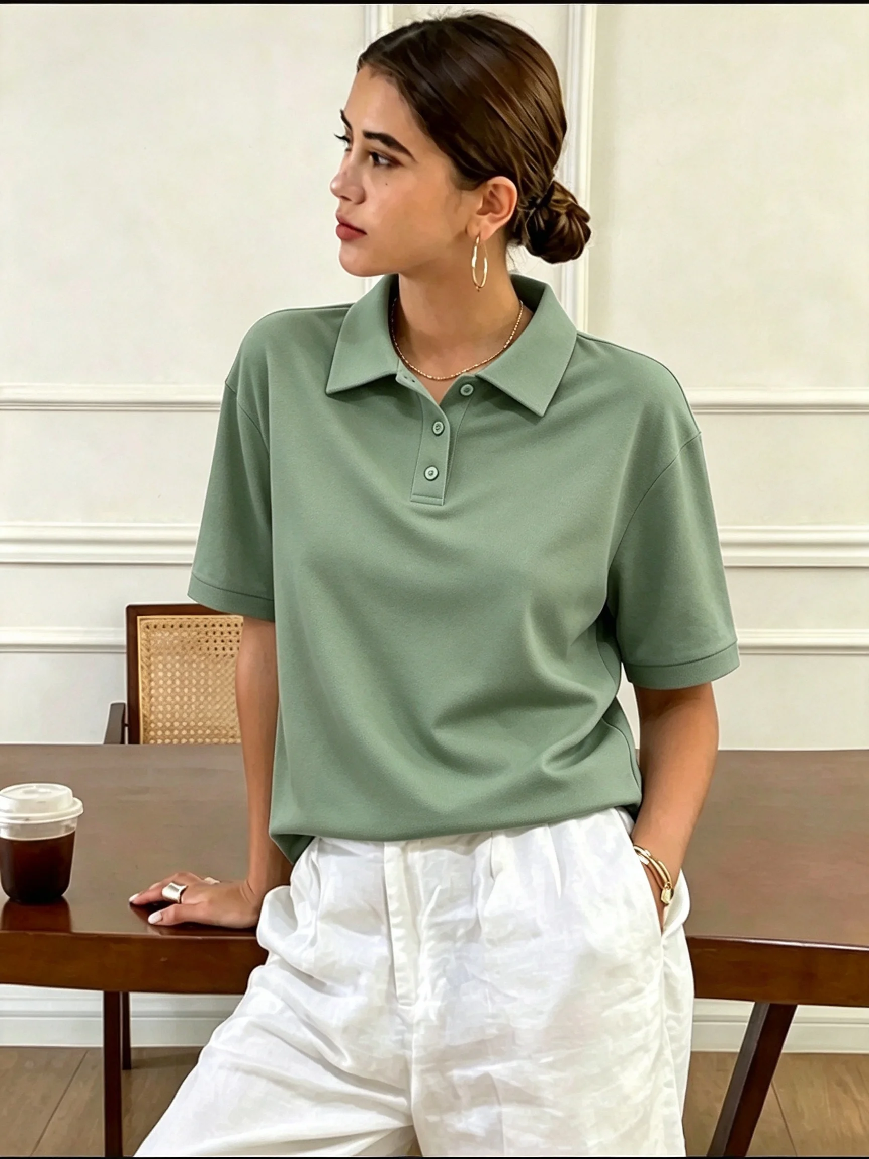 New high-quality pea green polo shirt for women, a must-have top for all seasons.