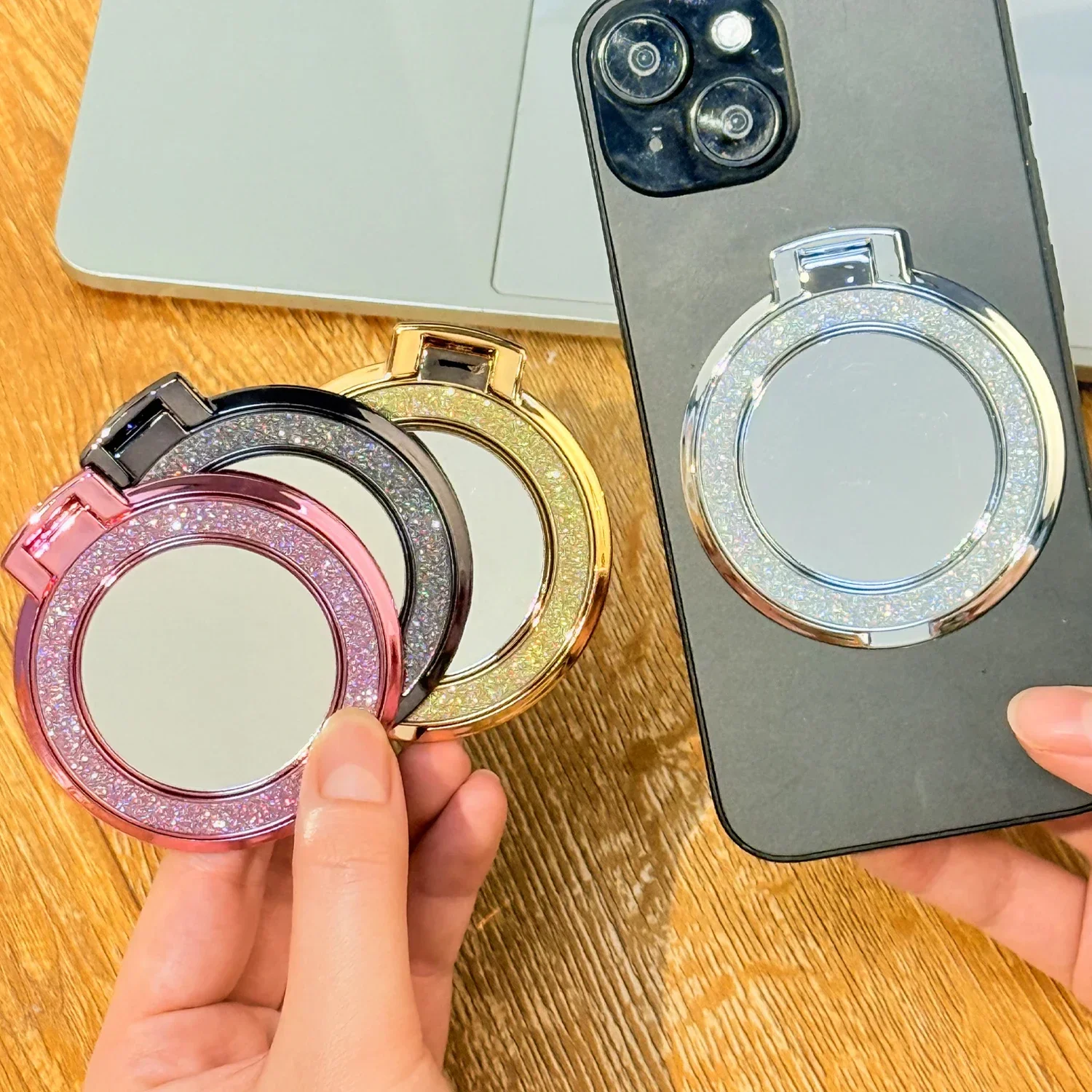 Shiny Diamond Phone Ring Holder with Round Mirror Kickstand Universal for iPhone Samsung Xiaomi Mobile Phone Grip Stand