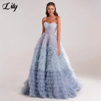 Lily Dusty Blue Sweetheart Abiti da sera Senza maniche Net Charming Abiti da ballo Abiti da festa a strati per donna Personalizzati
