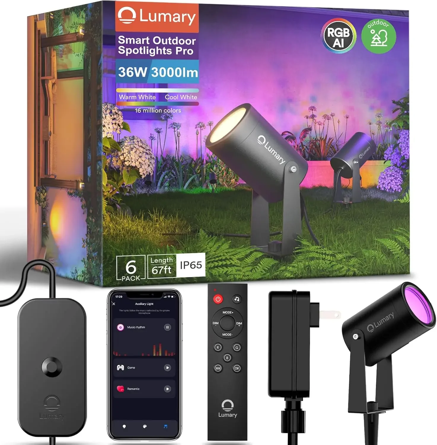 

500LM, 6 Pack Color Changing Landscape Lighting IP65 Waterproof, RGB Low Voltage Outdoor