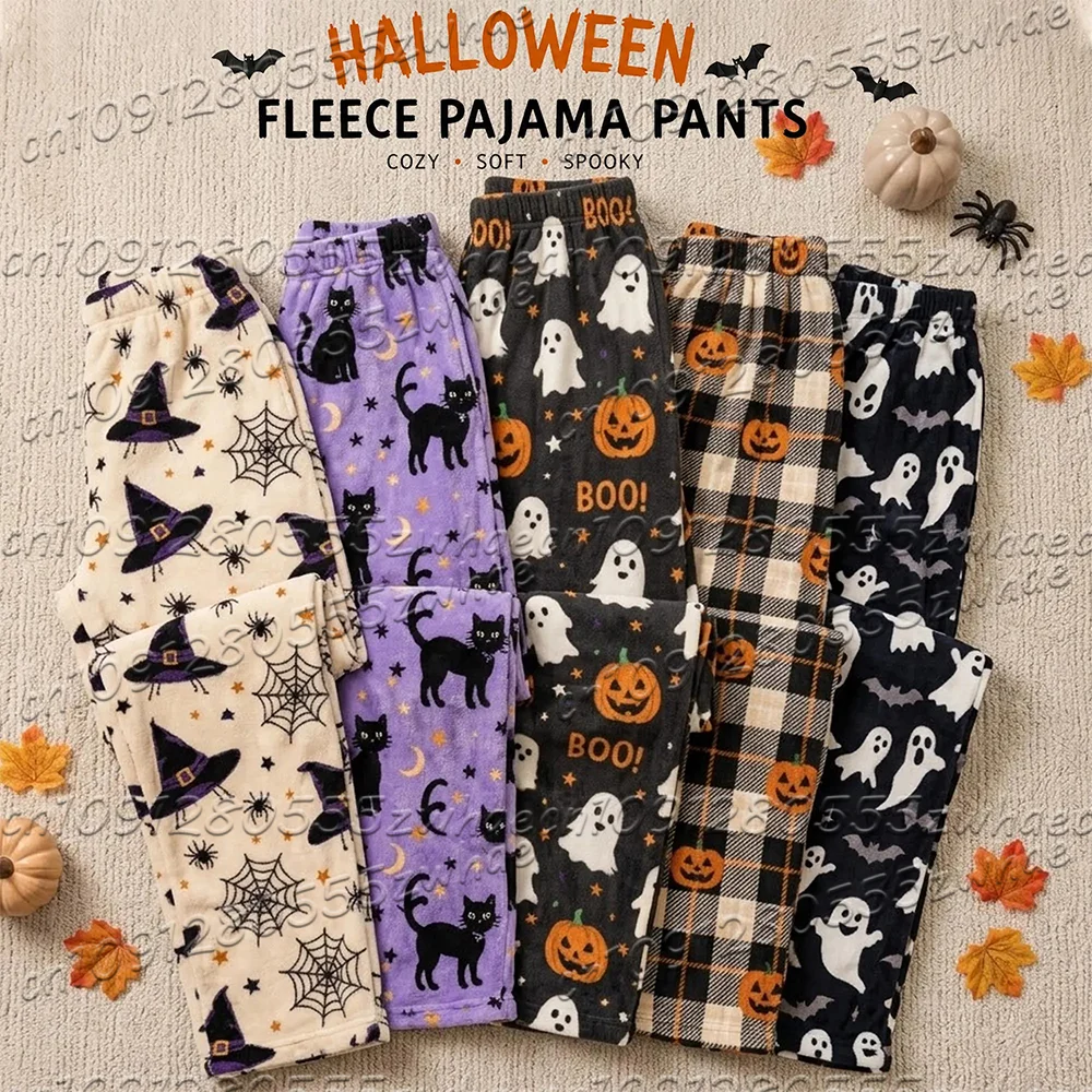 26/27 Winter Women Halloween Fleece Pajama Pants Cozy Plush Lounge Pants Spooky Ghost Pumpkin Pajamas Soft Halloween Sleep Pants