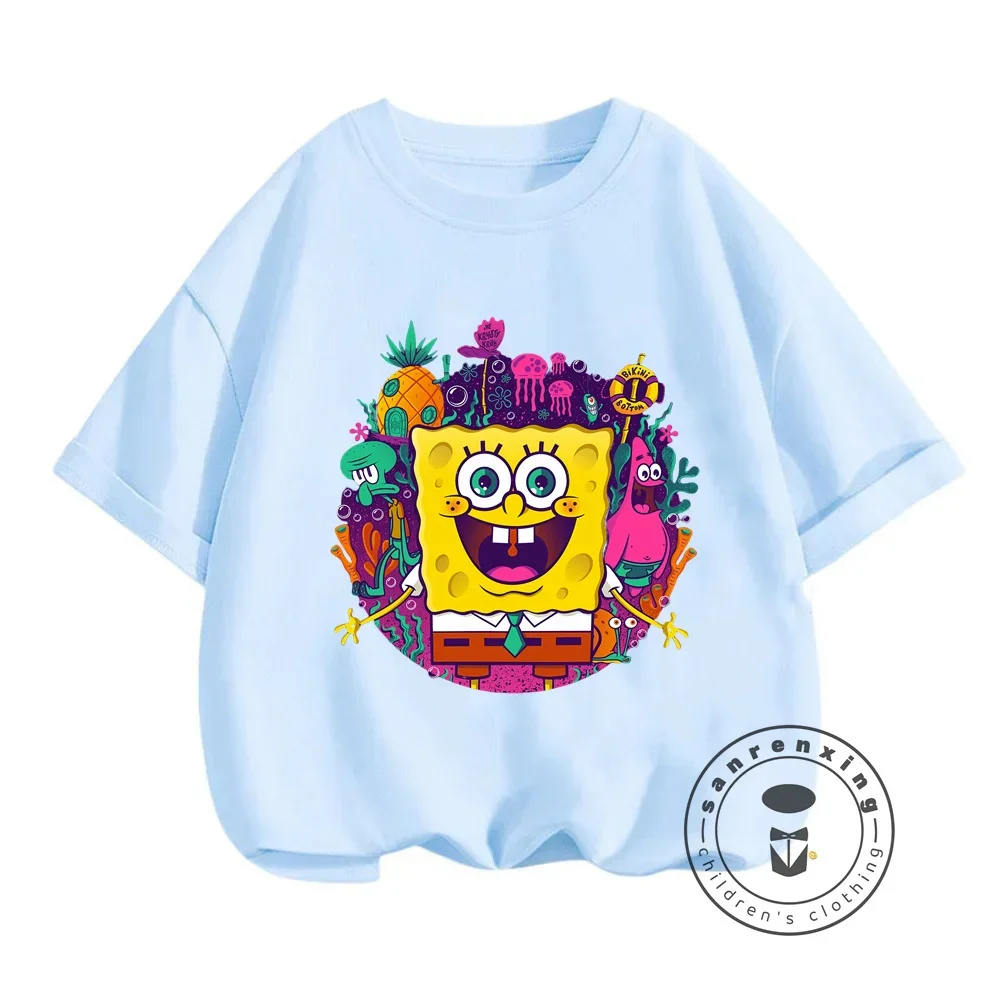 Hip-Hop Style SpongeBob Print T-shirt for Children Cute Cartoon Design Perfect for Boys and Girls to Enjoy Summer in Style