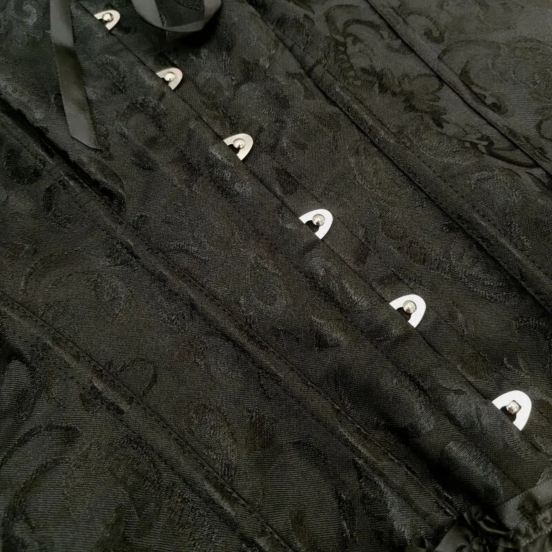 Black Jacquard Corset Top Women Vintage Overbust Bustier Boned Shapewear Gothic Lingerie With Ruffle Trim For Court Party Clothe - view 4