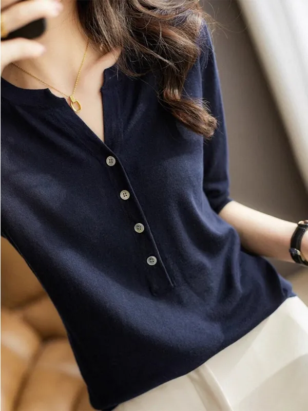 

V-Neck Short Sleeve Ice Silk Knitted Top Women Summer Fashion Thin Loose Fit Slimming Versatile Base T-Shirt Casual Style