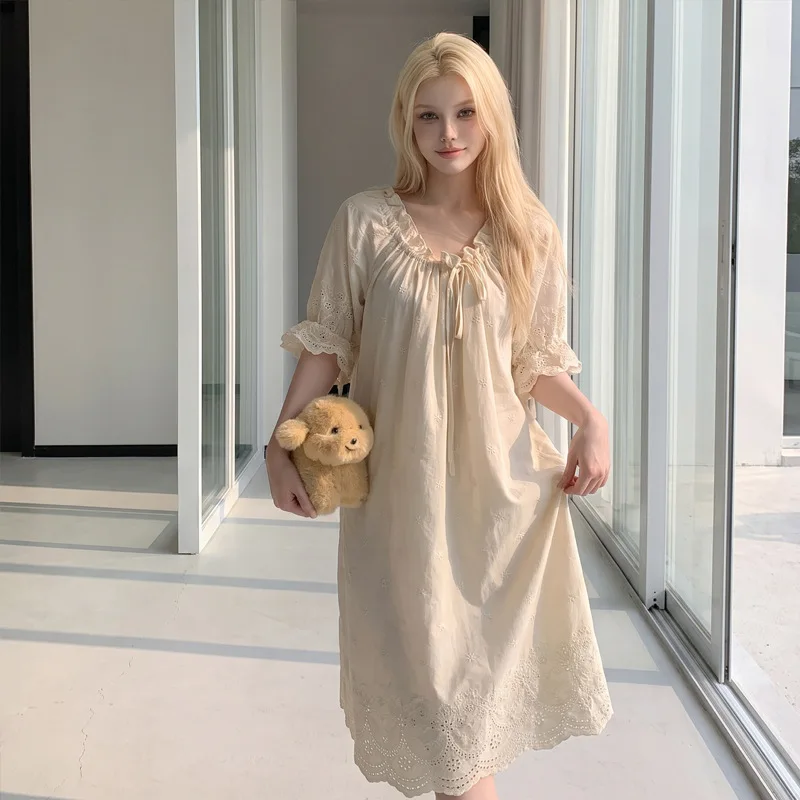 Pure Cotton Women Girl Nightdress 25 Summer Autumn Embroidery Court Princess Style French Short-sleeve Dress Pajamas Nightgown