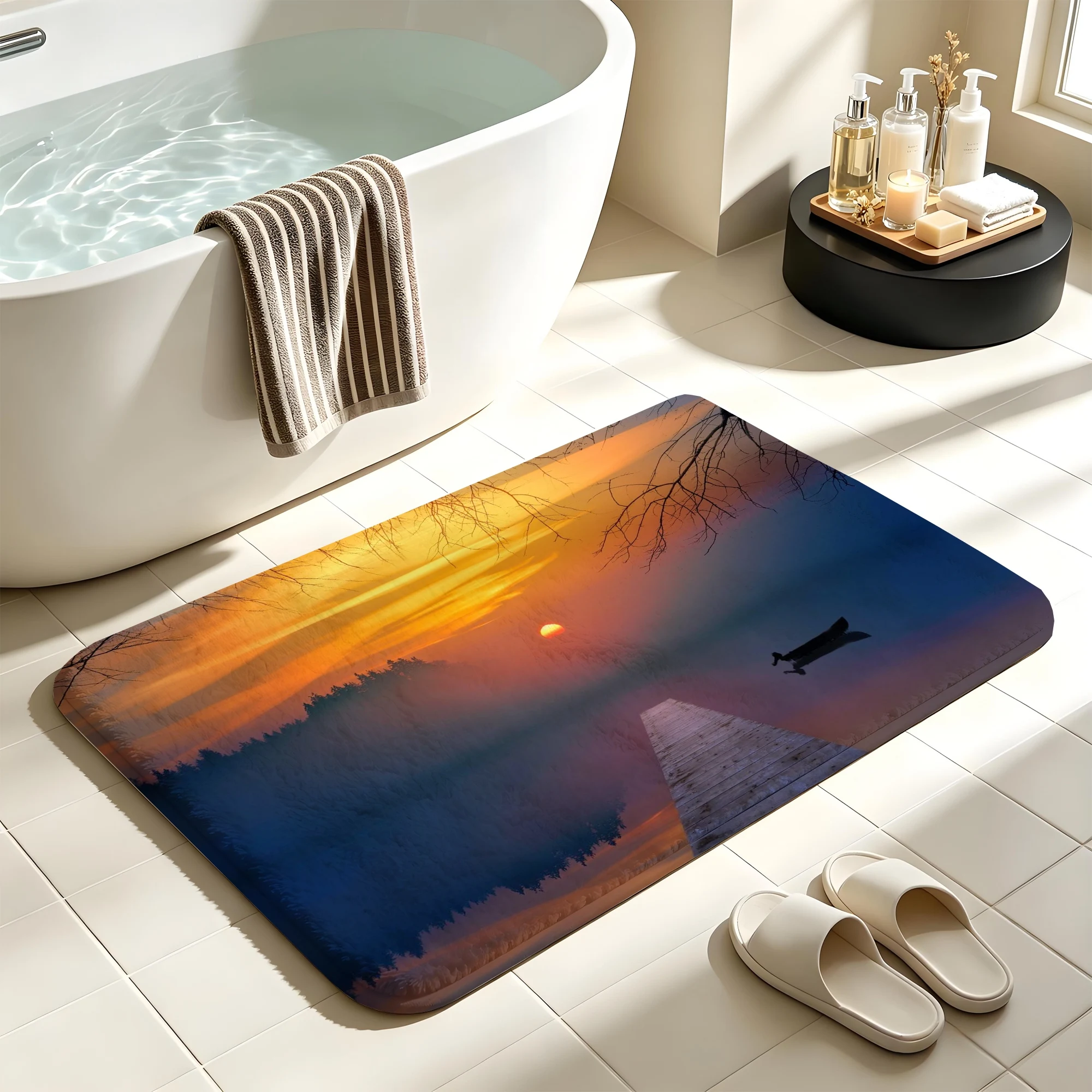 Sunset Forest Bath Mat Misty Landscape Non-Slip Water Absorbent Bathroom Rug Soft Floor Carpet for Bathtub Shower