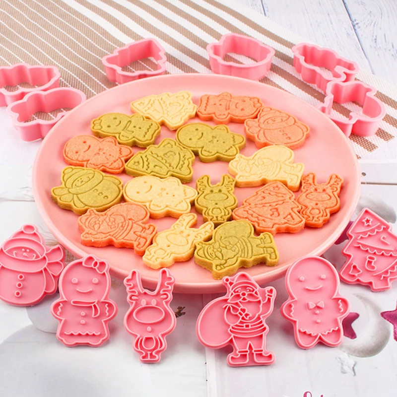 8pcs/set Christmas Biscuit Mold Santa Snowman Tree Elk Cute Cartoon Cake Mould Set Plastic Baking Cookie Mould Happy New Year