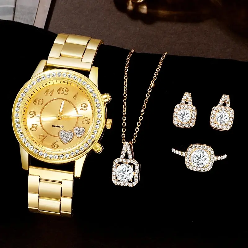 5PCS Set Luxury Watch Women Ring Necklace Earring Rhinestone Fashion Quartz Wristwatch Casual Ladies Watches Bracelet Set Clock