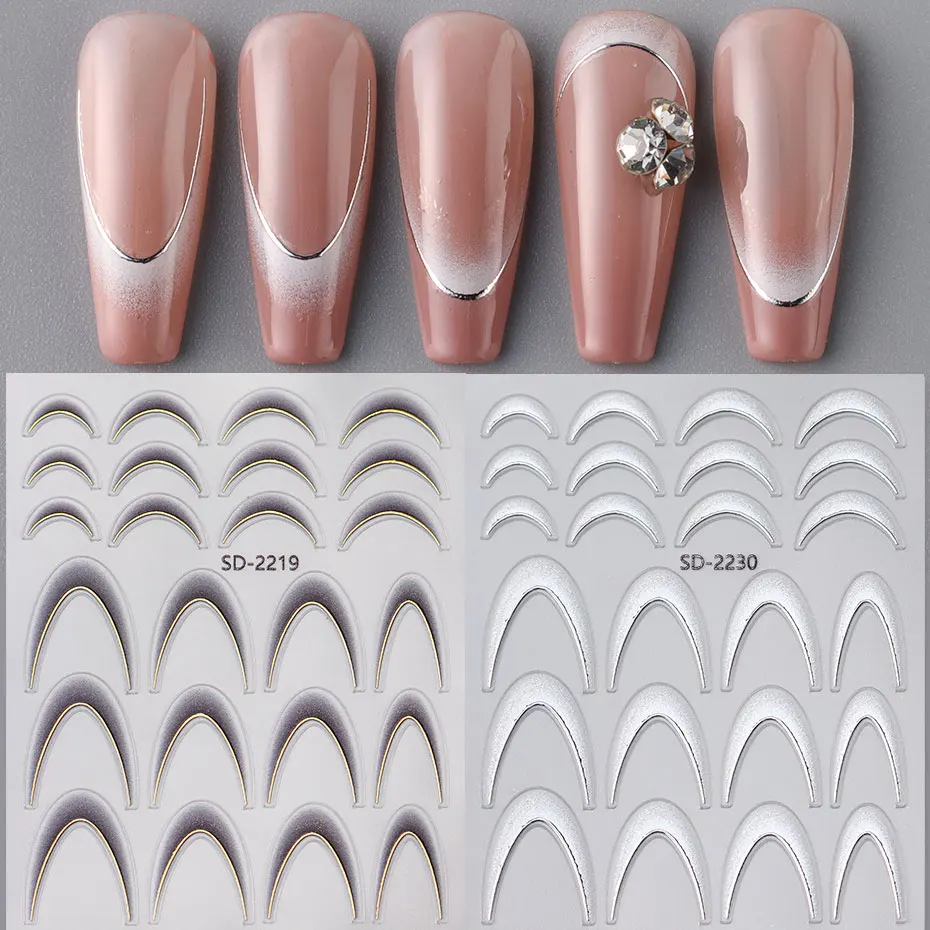 2/4pcs Gradient French Nail Decals Brozing Gold Silver Curved Striped Design Glitter Sticker 3D Dreamy Crescent Manicure Slider