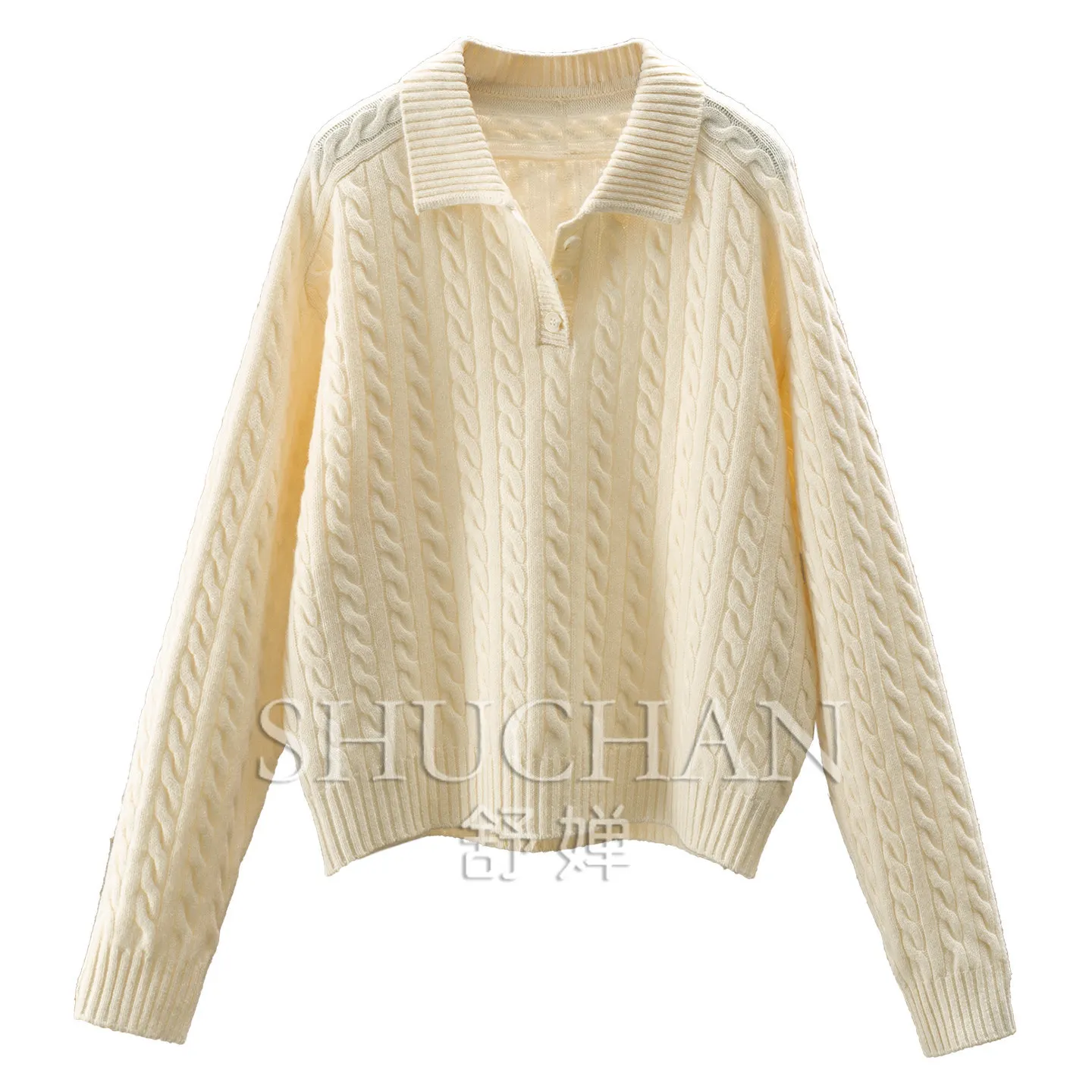 Loose Heavy Industry Twisted Wool POLO Lapel Sweater Women's F585  Long Sleeve Top Sueters De Mujer