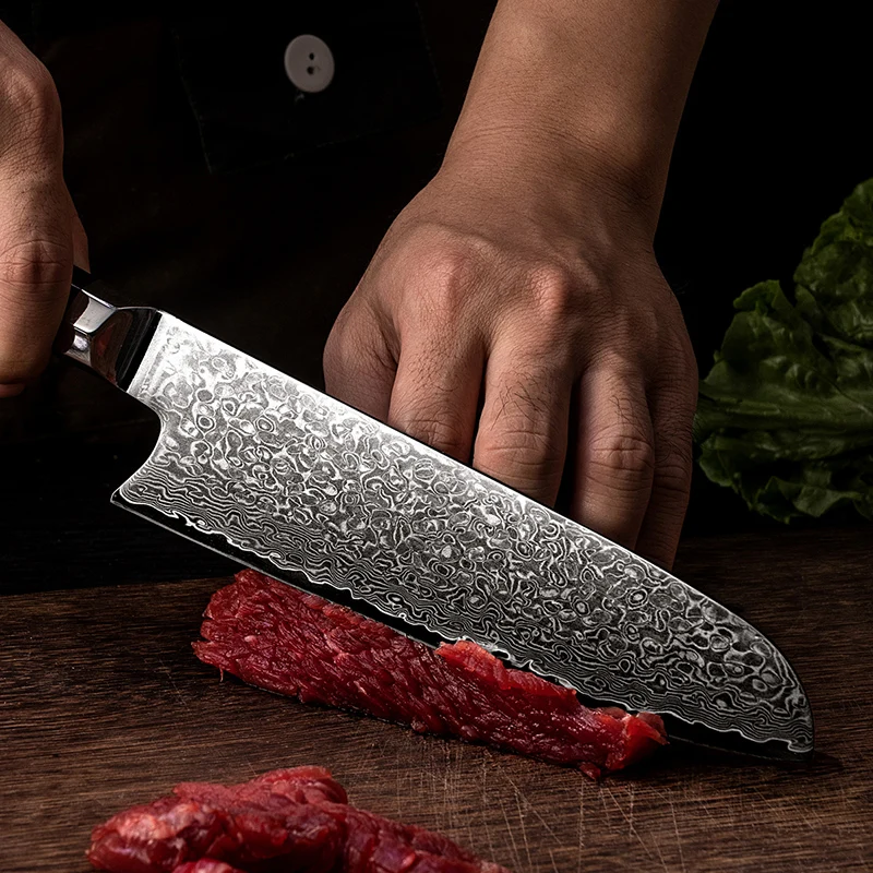 

7-дюймовый нож Santoku, 67 слоев дамасской стали, лезвие 10Cr15CoMov, ручка из черного дерева, нож шеф-повара, нарезка мяса, овощей, кухонные ножи