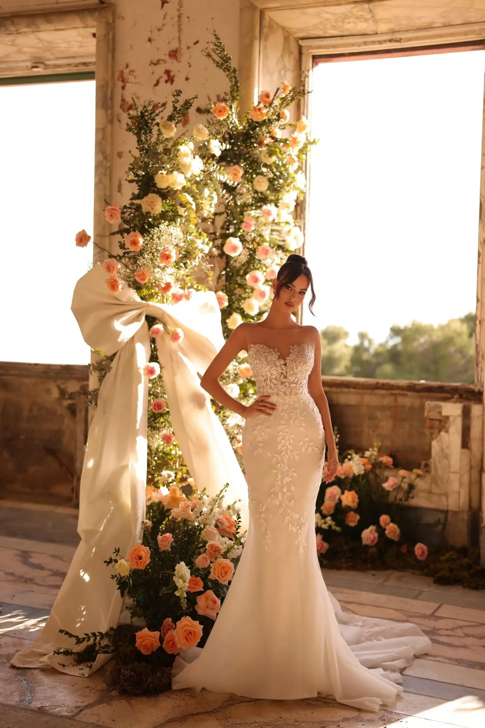 Gaun Pengantin Renda Putri Duyung untuk Pengantin Wanita Gaun Pengantin Boho A-Line untuk Wanita Gaun Pengantin Leher V