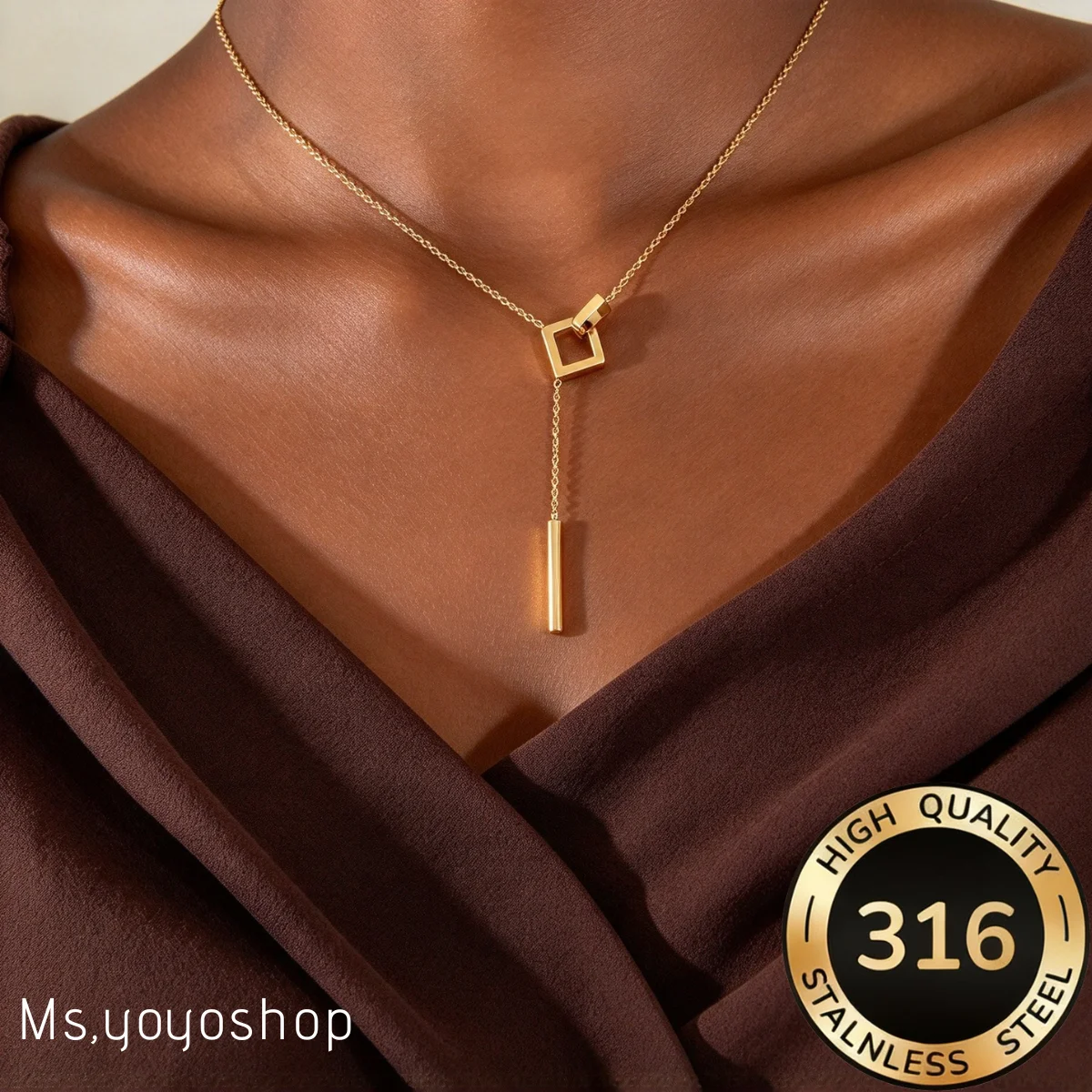 1PCs Temperament Stainless Steel Geometric Square Cross Pendant Necklace for Women Elegant Long Tassel Sweater Choker Jewelry