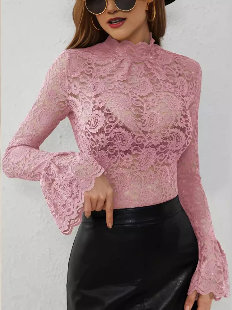 Elegant Women's Top 2025 Spring Summer White Long Sleeves Lace Shirts & Blouses Fashion Sexy Hollow Stand Neck Blouse Black Tops