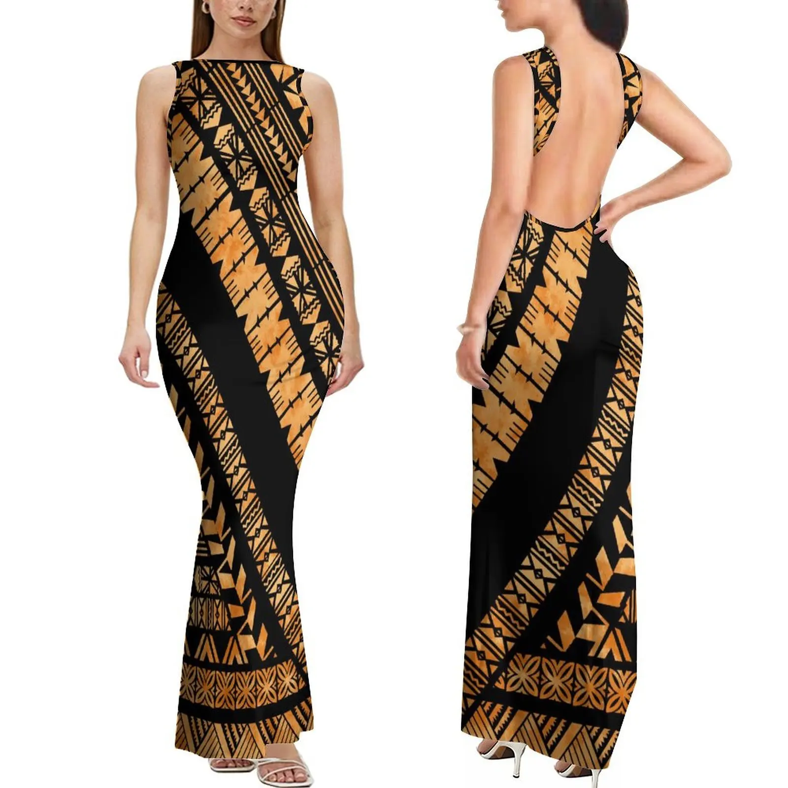 تصميم مخصص أزياء مثير المرأة اللباس جزيرة عيد الفصح البولينيزية القبلية طباعة قارب الرقبة أكمام اللباس زائد حجم فستان عارية الذراعين #5