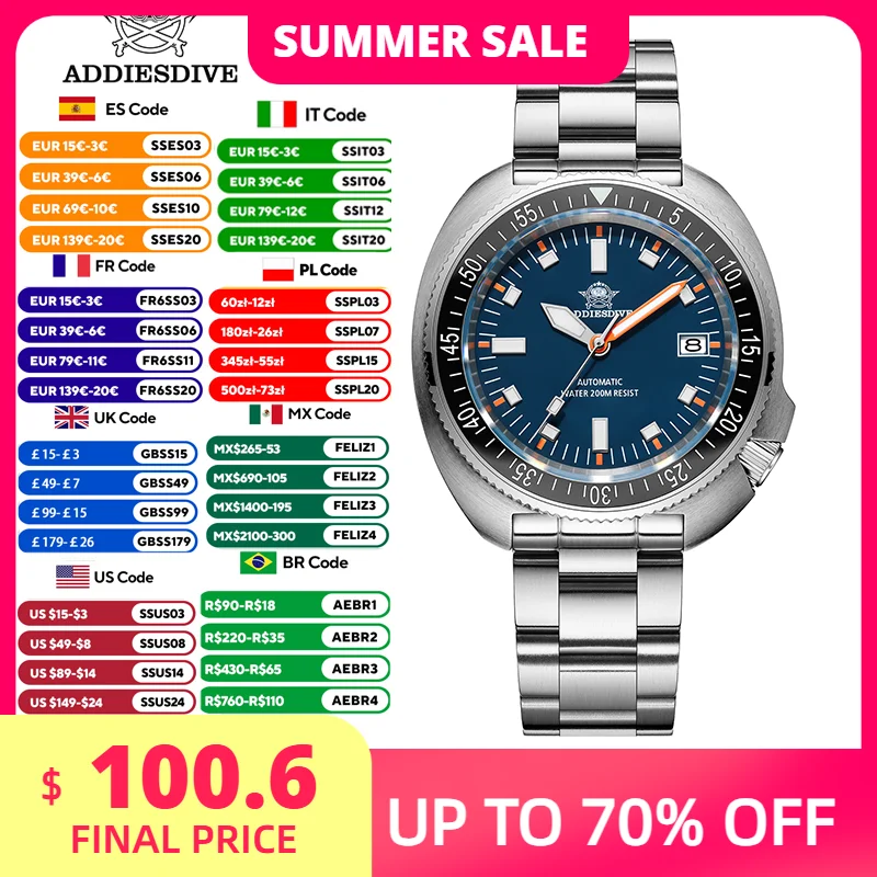 

ADDIESDIVE 2025 NEW NH35A Automatic Mechanical Watches Watch For Man BGW9 Blue Luminous 20Bar Waterproof Sapphire Glass Japan