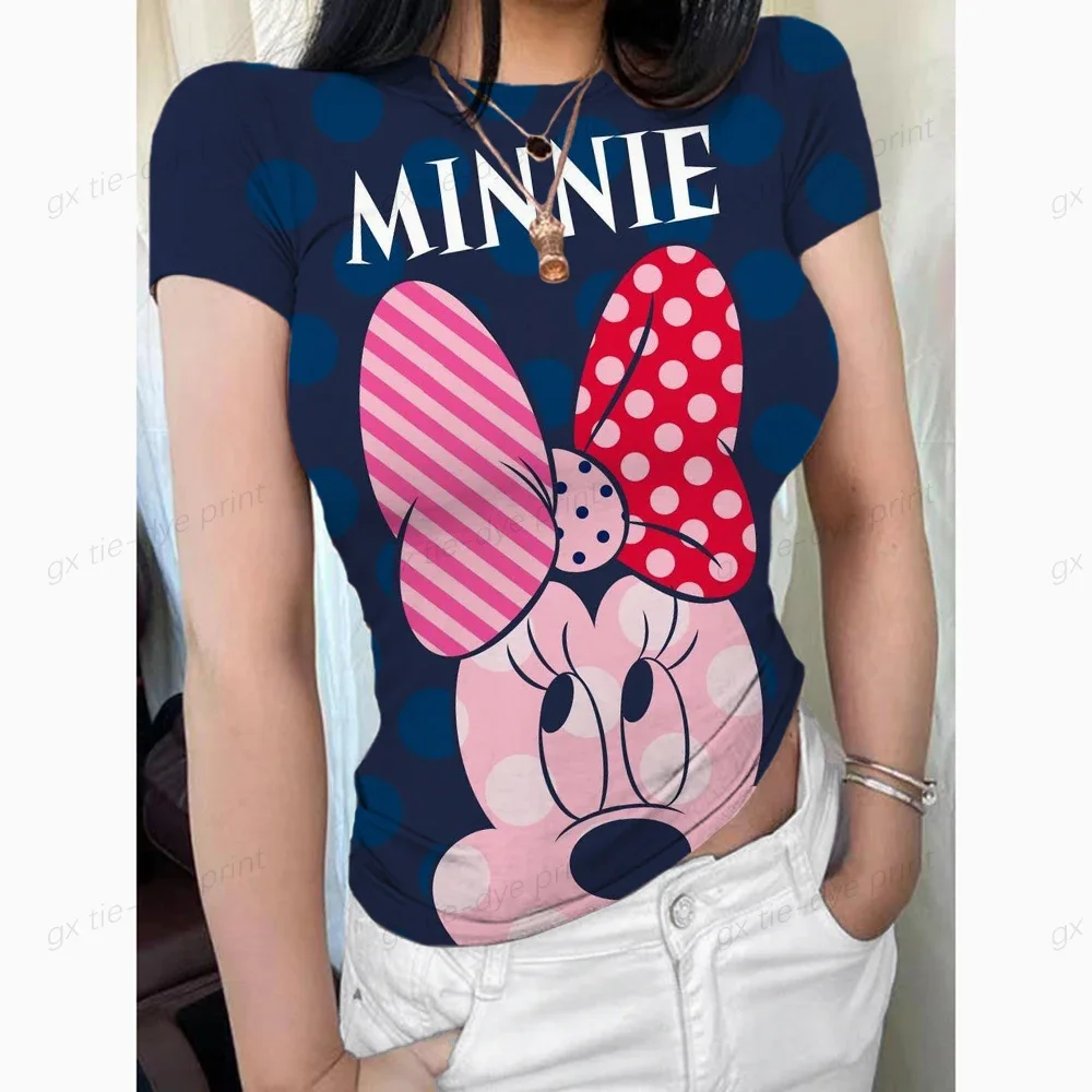 Tops de manga curta do Mickey Mouse feminino, gola redonda, camiseta de forro duplo, ajuste fino, camiseta básica, nuvem de fumaça, coleção profissional