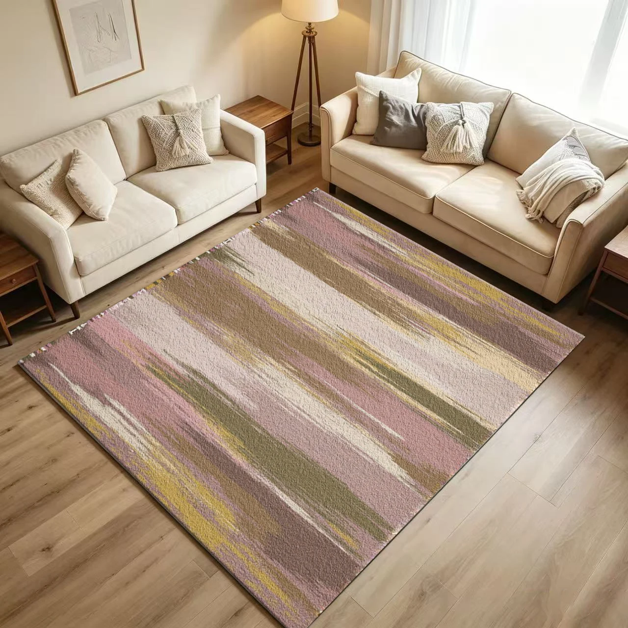 Boho Brush Stroke Abstract Carpet Flooring Retro Pink Brown Olive Vertical Textured Art Pattern Printed Floor Rug for Household Indoor Modern Home Decor