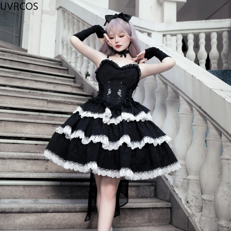 Dark Gothic Lolita Princess Dress Women Japanese Victorian Retro Lace Embroidery Ruffles Tiered Dresses Harajuku Y2k Party Dress