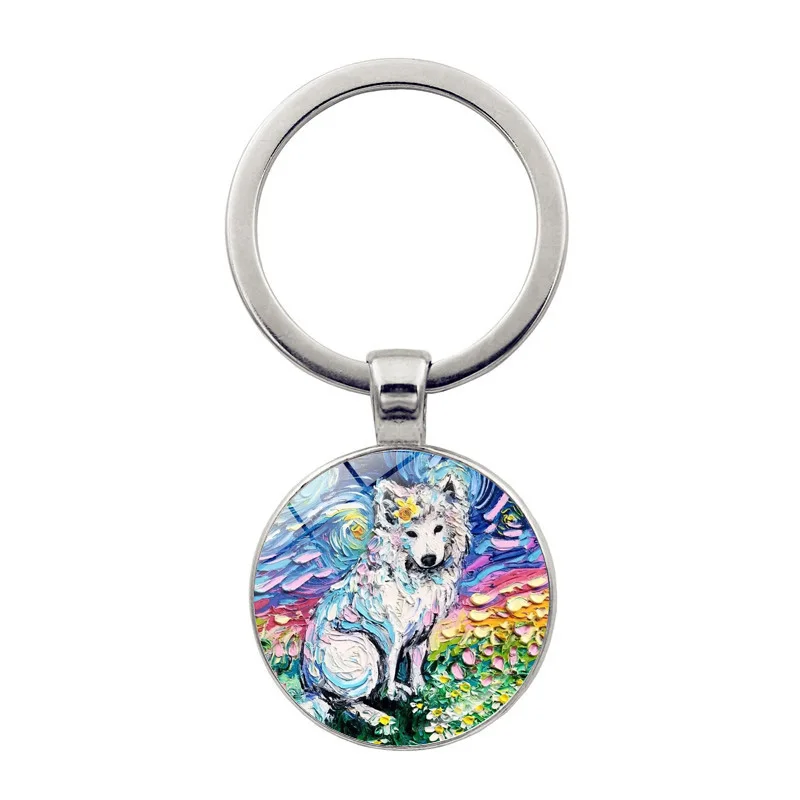 Oil Painting Dog Keychain Decorative Pendant Under The Starry Sky