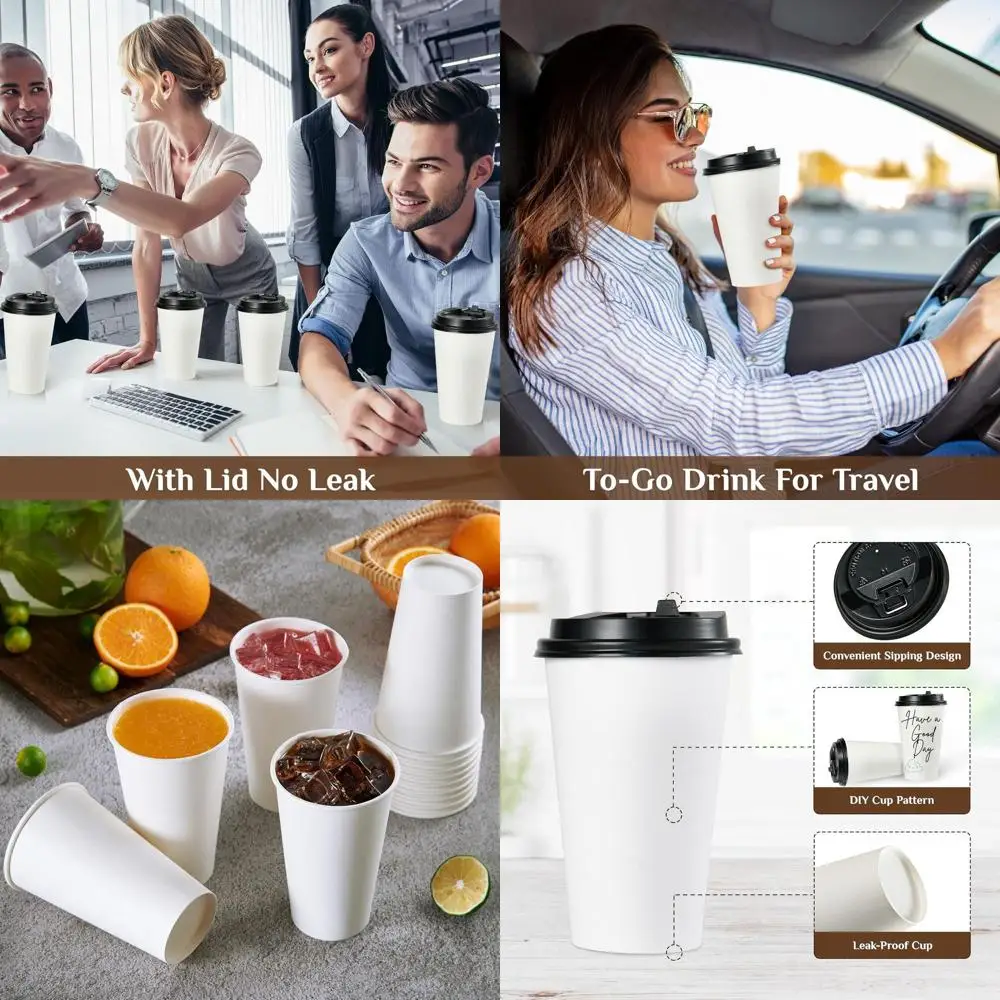 

Одноразовые бумажные стаканчики для кофе 16 унций с крышками — идеально подходят для холодных и горячих напитков, дома, путешествий, офисов и мероприятий.