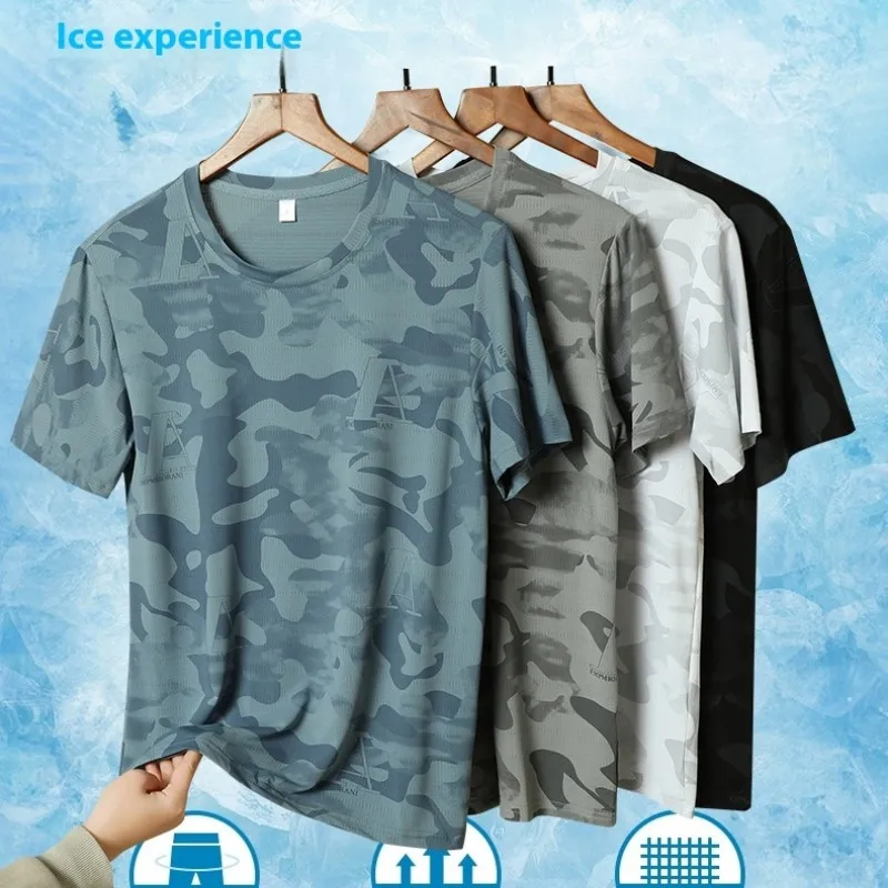 

2024 new camouflage men's round neck short sleeved T-shirt quick drying clothes summer cool thin breathable outdoor sportswear