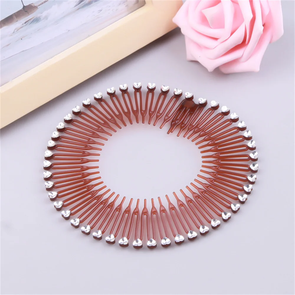 Fashion Elastic Flexible Comb Headband Luxury Rhinestone Heart Hairband Women Girls Fixed Hair Style Bun Headdress Accessories