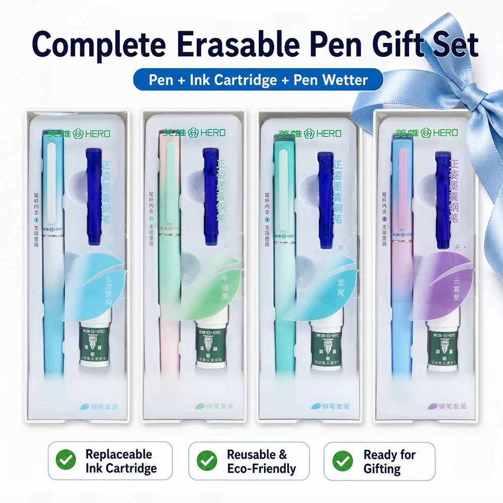 HERO 9359M Erasable Fountain Pen Gift Set, 0.38mm EF Nib for Children Cursive Handwriting, Anti-Leak Ergonomic Student Pen