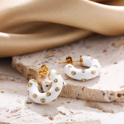 New Trendy White Enamel Color Hoop Earrings for Women CZ Zircon Stainless Steel C Shape Earring Vintage Jewelry Party Gifts