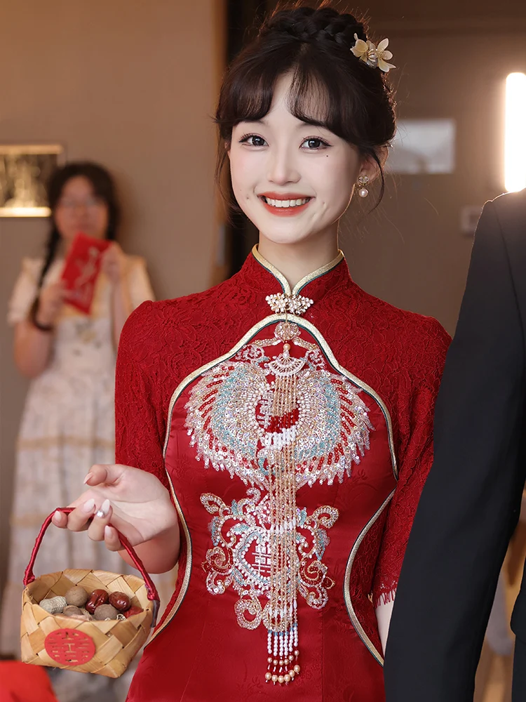 

Red Lace Qipao Wedding Dr Vintage Sle Mid-Waist Slim Fit Five-Quarter Sve Mid-Length Gown for Engagement And Wedding