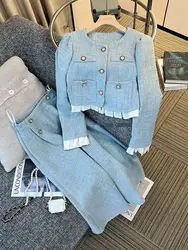 Women's Blue Long Suit Coat Mini Skirts Outfits Korean Spring Autumn New Tweed Short Jacket High Waist Half Skirt Two Piece Sets