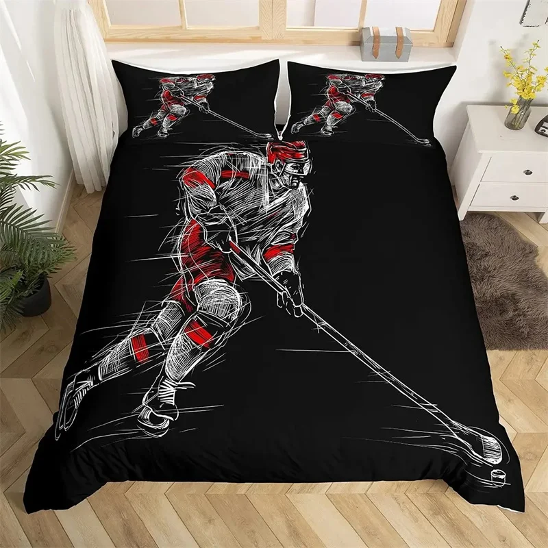 Ice Hockey Duvet Cover Set Full Queen Size Geometric Check Patchwork Stylish Bedding Set Athlete Winter Sports Comforter Covers