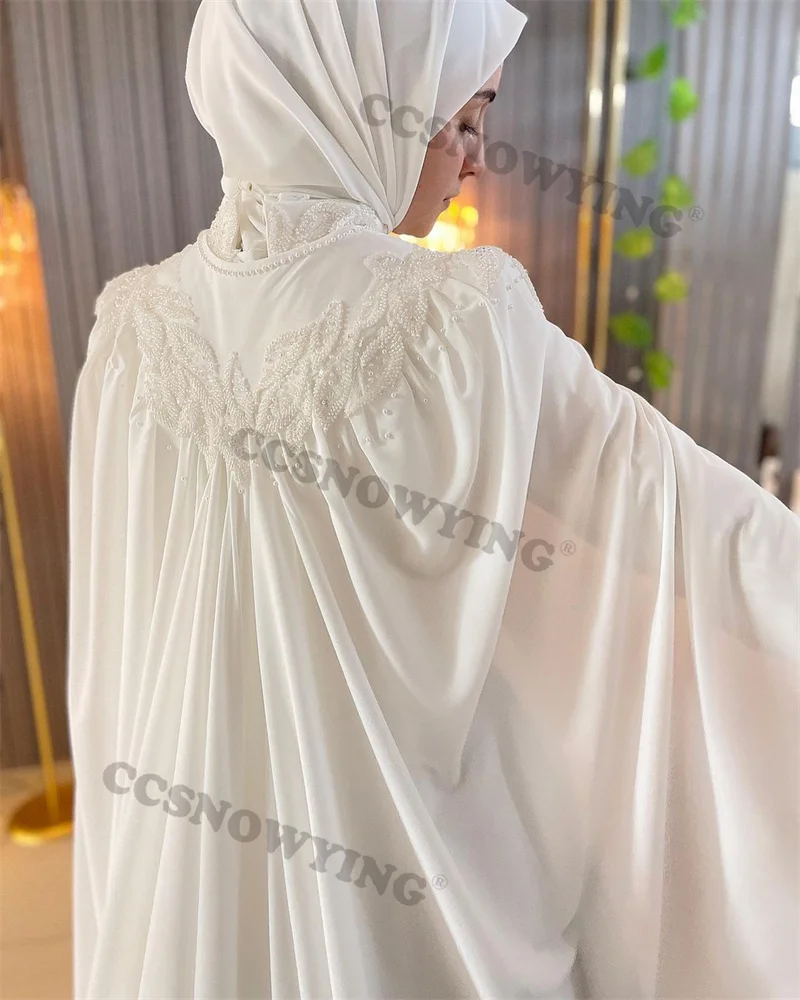 Elegant Satin with Cape Beaded Muslim White Long Sleeve  High Neck with Cape Wedding Dress Prom Dress Formal Occasion Dresses