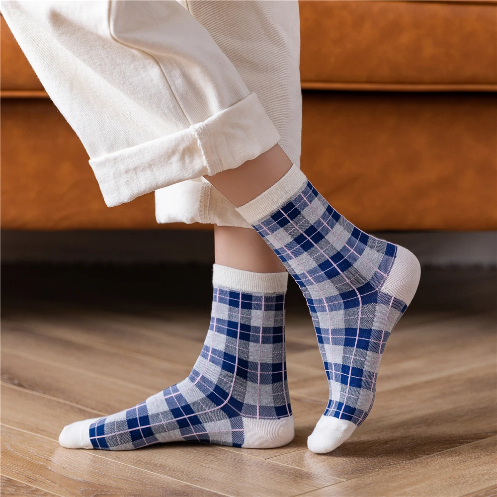 England Style Autumn Spring Navy Cotton Sokken Vintage Striped Plaid Prairie Lattice Chic Preppy Mid Tube Socks Dropship