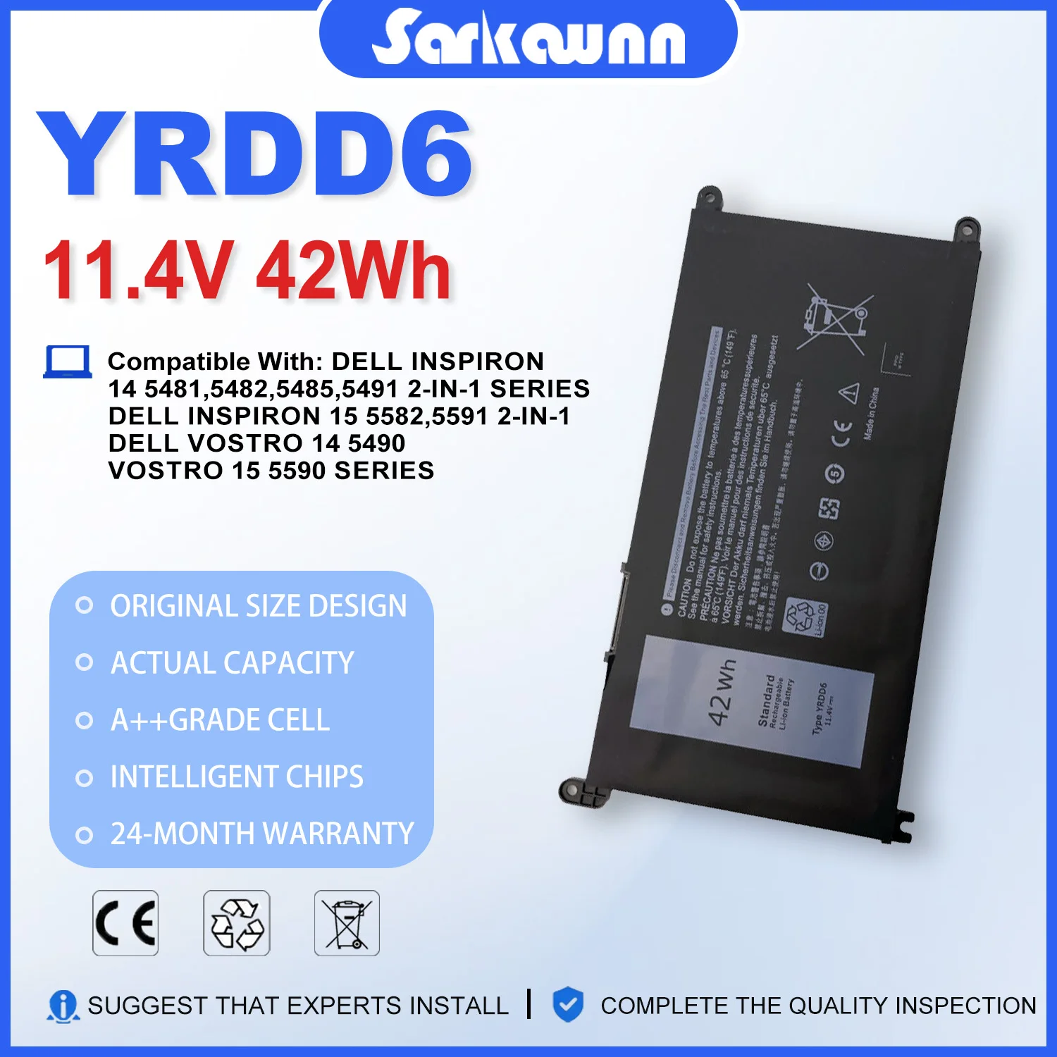 SARKAWNN 11.4V 3650mAh YRDD6 laptop battery For DELL inspiron 14-5490 5491 5493 5498 15-5590 5591 5593 5598 5480 5482 5485 5584